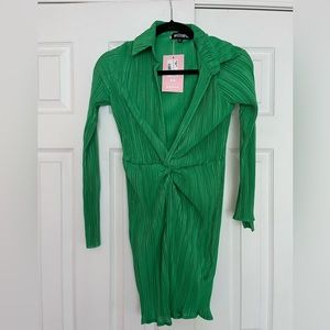 Green pleaded mini dress, deep plunge